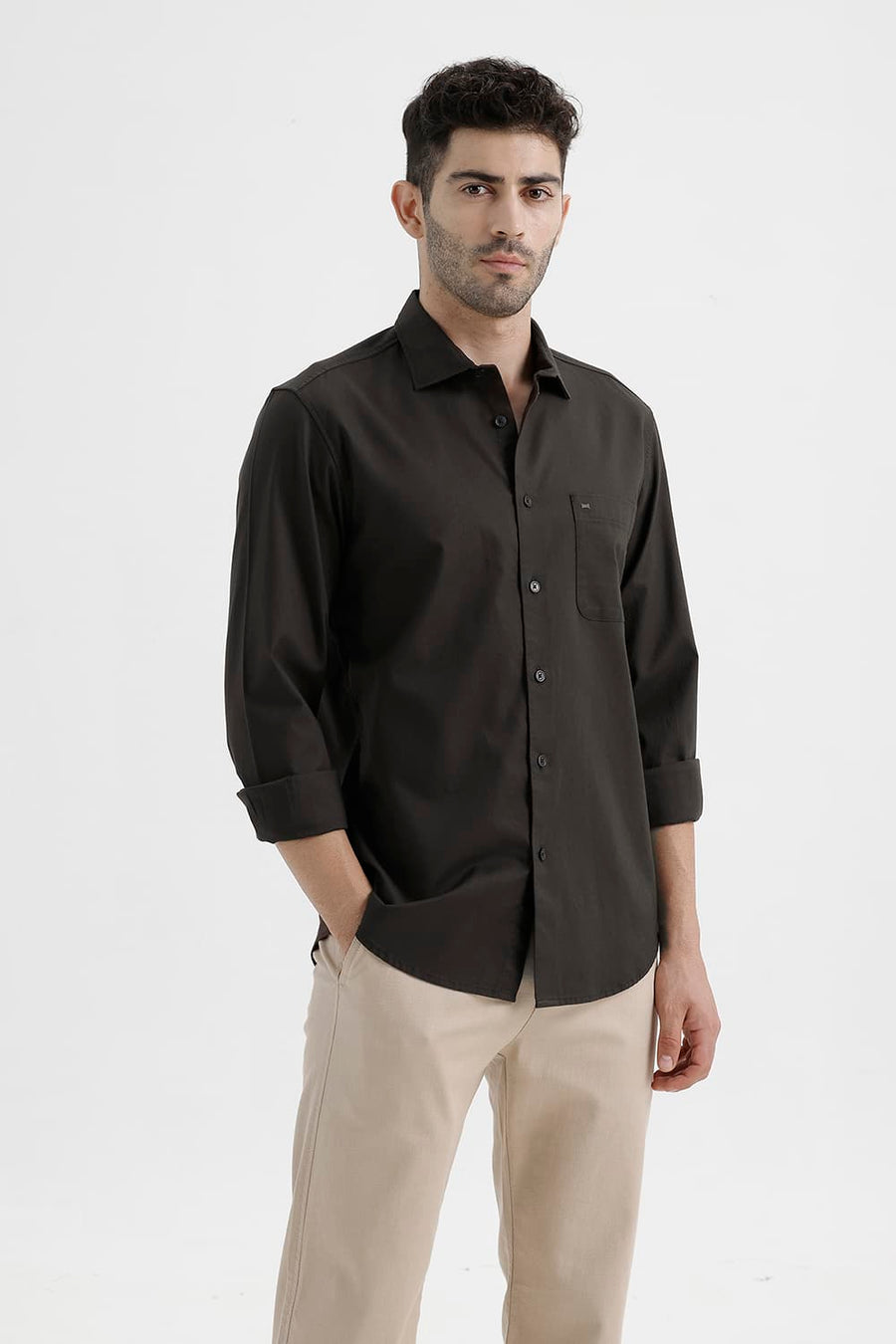 BASICS SLIM FIT COFFEE BROWN COTTON OXFORD SHIRT