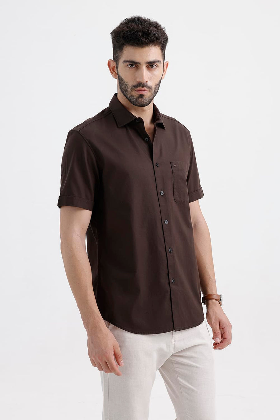 BASICS SLIM FIT COFFEE BROWN COTTON OXFORD HALFSLEEVES SHIRT