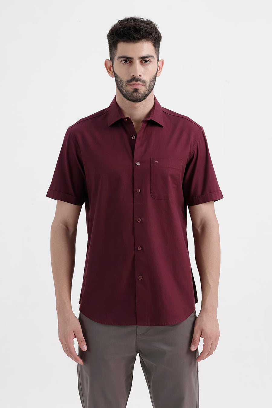 BASICS SLIM FIT GRAPE PURPLE COTTON OXFORD HALFSLEEVES SHIRT