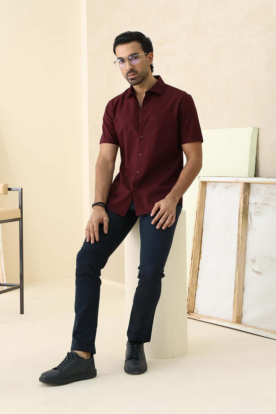 Basics Slim Fit Grape Purple Cotton Oxford Halfsleeves Shirt