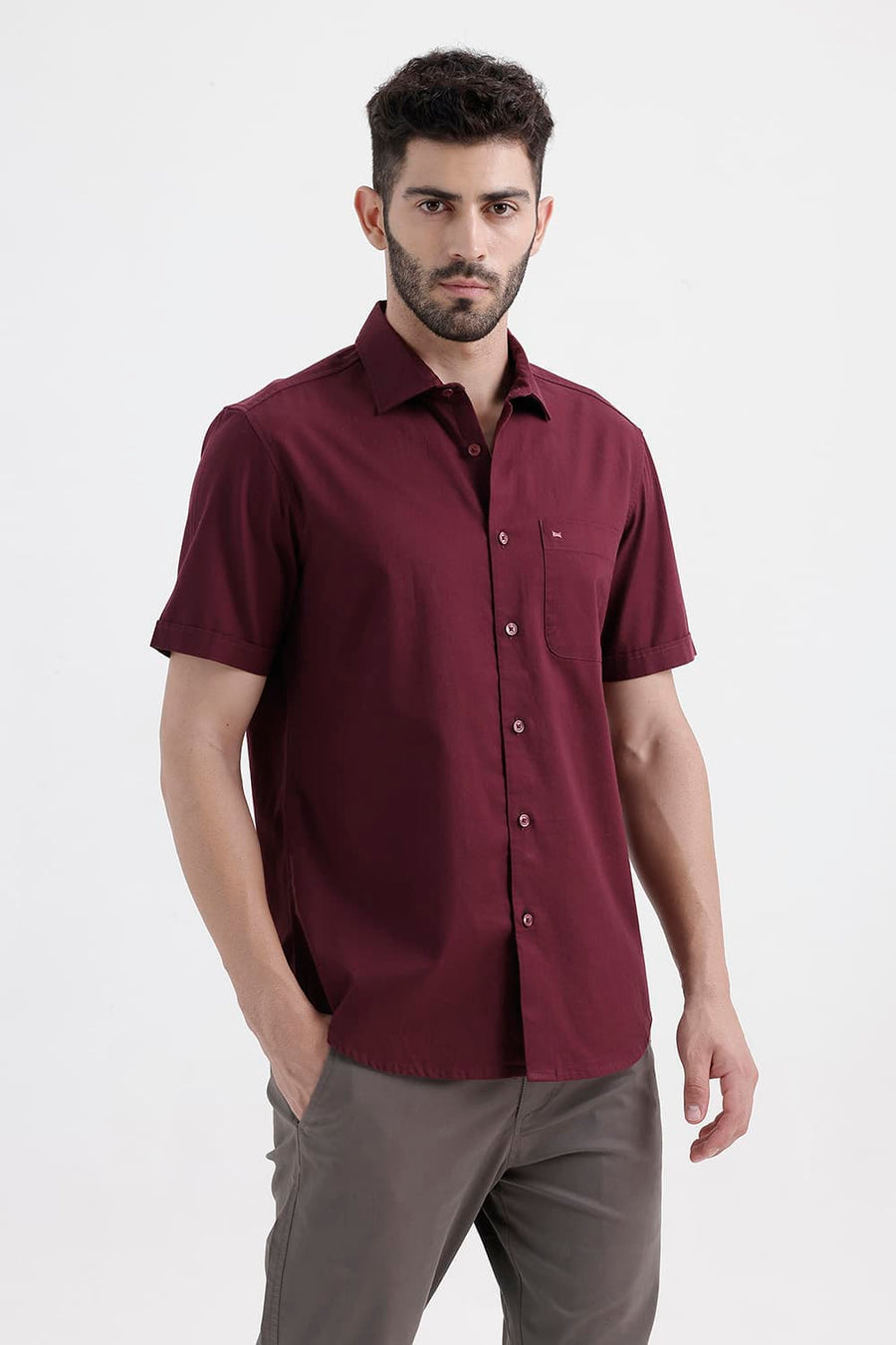 BASICS SLIM FIT GRAPE PURPLE COTTON OXFORD HALFSLEEVES SHIRT