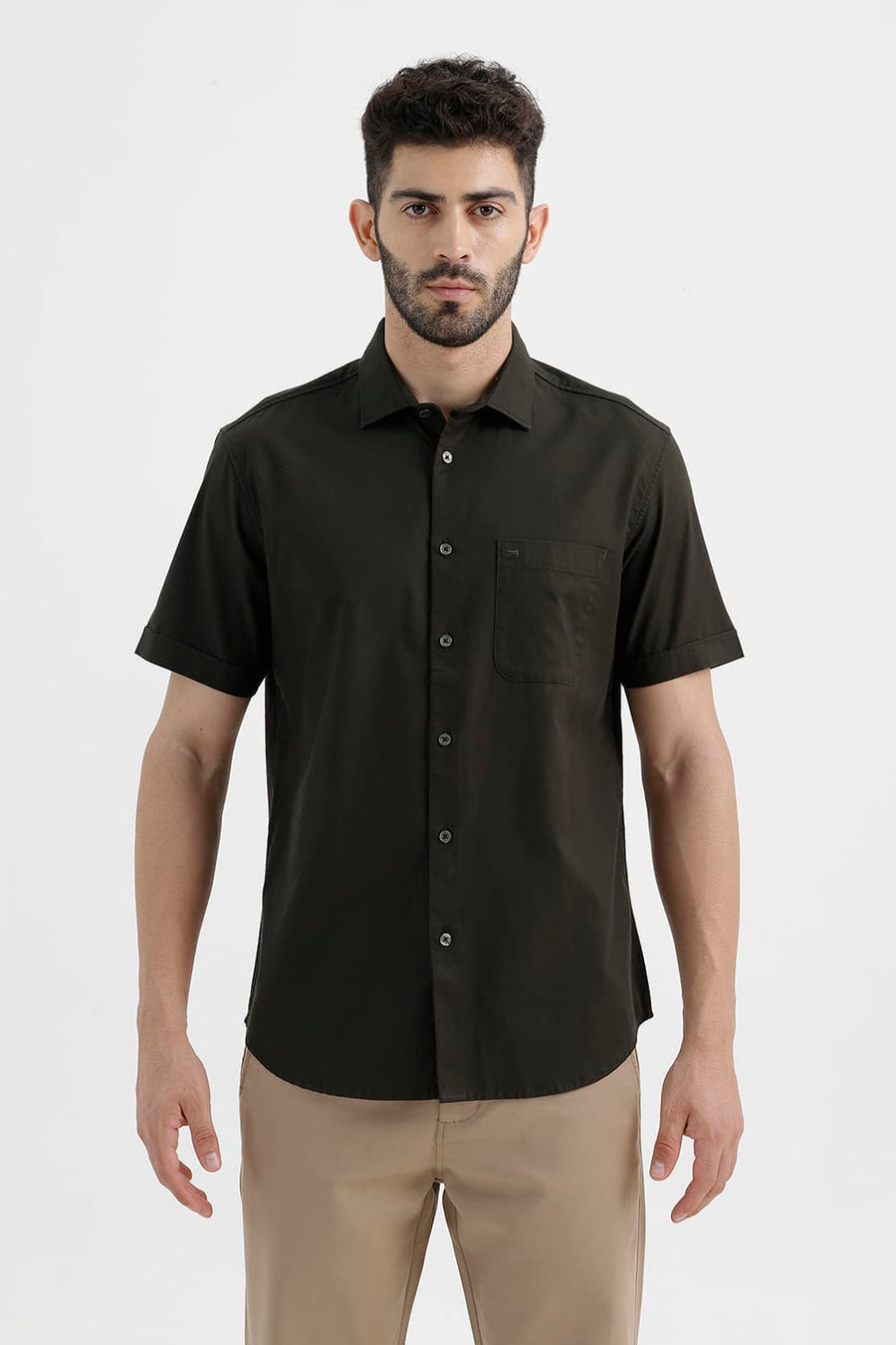 BASICS SLIM FIT ROSIN GREEN COTTON OXFORD HALFSLEEVES SHIRT