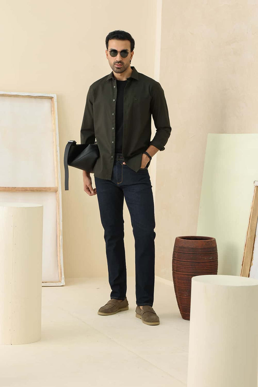 Basics Slim Fit Rosin Green Cotton Oxford Shirt