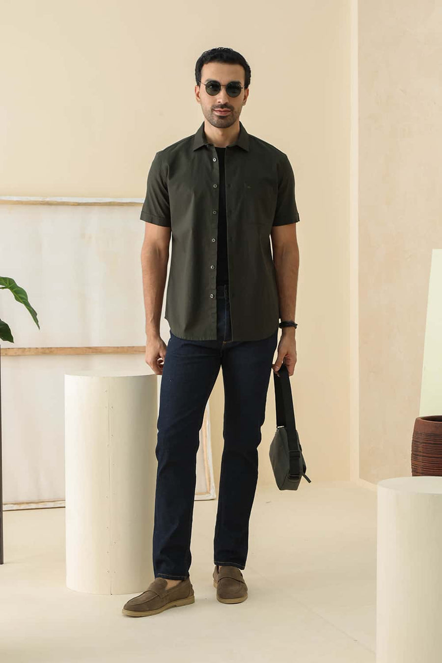 Basics Slim Fit Rosin Green Cotton Oxford Halfsleeves Shirt