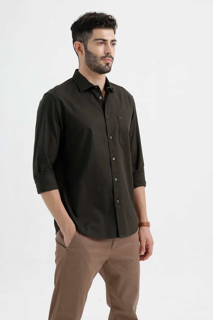 BASICS SLIM FIT ROSIN GREEN COTTON OXFORD SHIRT