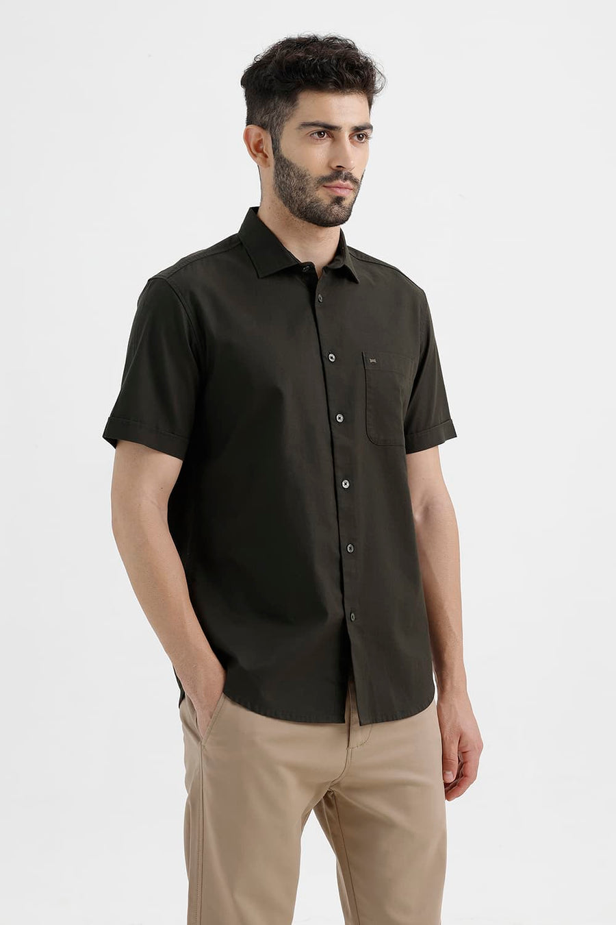 BASICS SLIM FIT ROSIN GREEN COTTON OXFORD HALFSLEEVES SHIRT