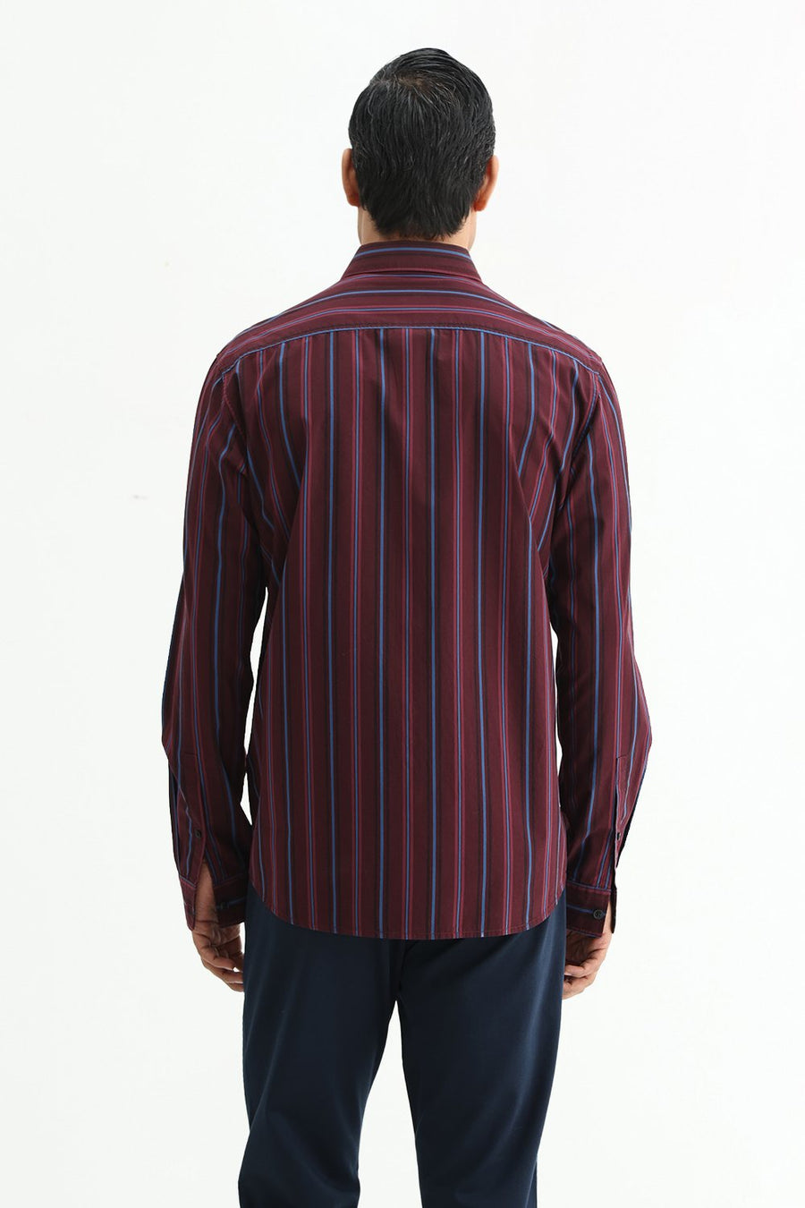 BASICS SLIM FIT NAVY COTTON PLAIN STRIPES SHIRT
