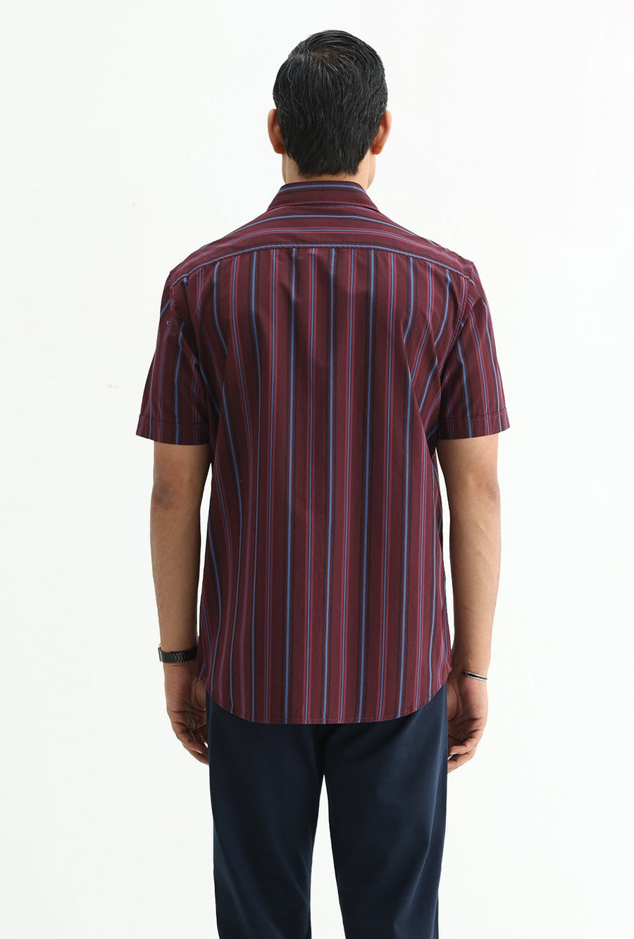BASICS SLIM FIT NAVY COTTON PLAIN STRIPES HALFSLEEVES SHIRT
