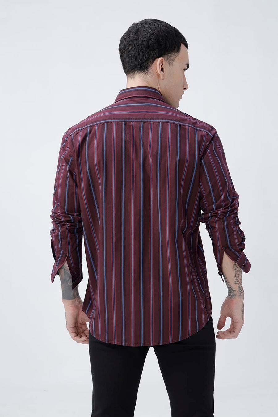 BASICS SLIM FIT NAVY COTTON PLAIN STRIPES SHIRT