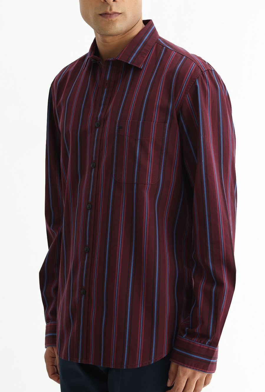 BASICS SLIM FIT NAVY COTTON PLAIN STRIPES SHIRT