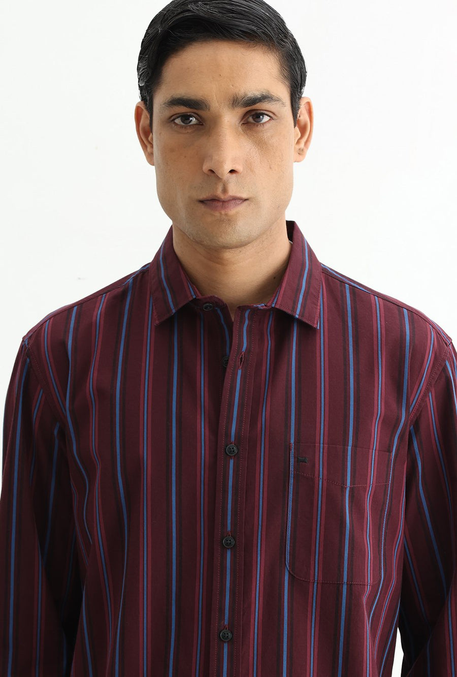 BASICS SLIM FIT NAVY COTTON PLAIN STRIPES HALFSLEEVES SHIRT