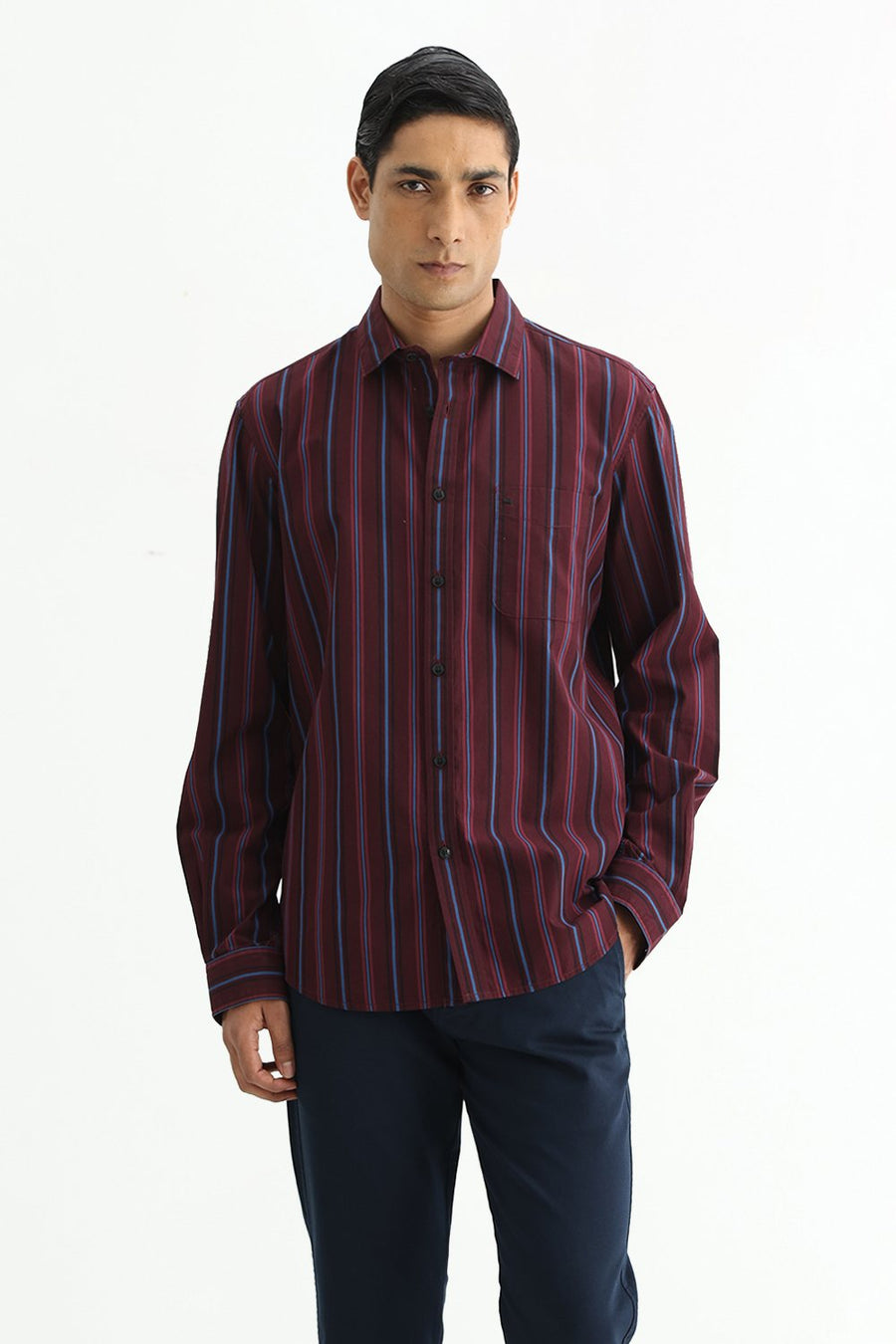 BASICS SLIM FIT NAVY COTTON PLAIN STRIPES SHIRT