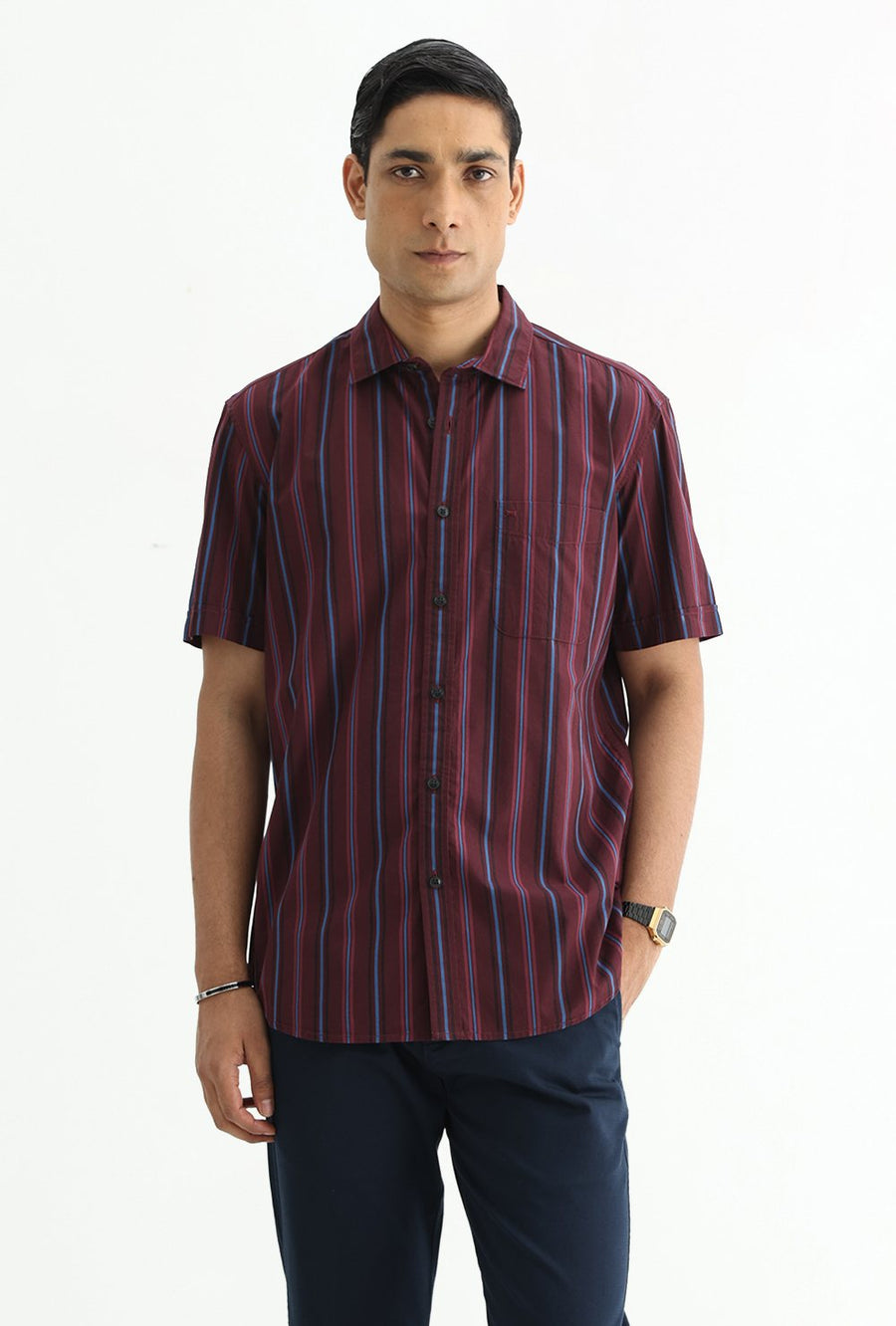 BASICS SLIM FIT NAVY COTTON PLAIN STRIPES HALFSLEEVES SHIRT