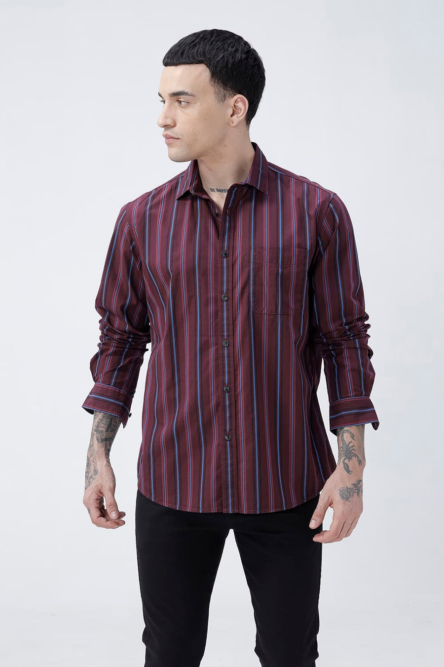 BASICS SLIM FIT NAVY COTTON PLAIN STRIPES SHIRT