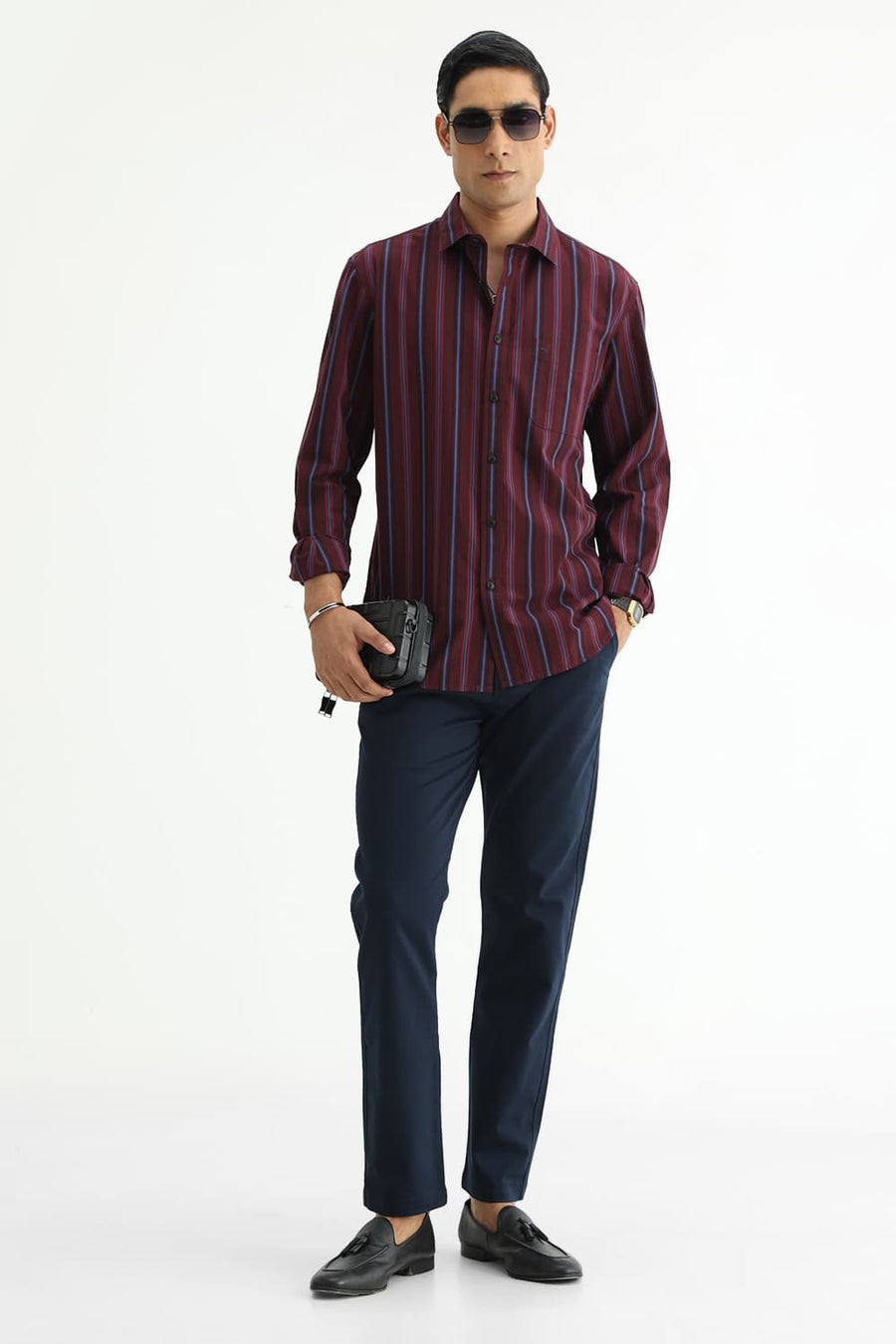 BASICS SLIM FIT NAVY COTTON PLAIN STRIPES SHIRT
