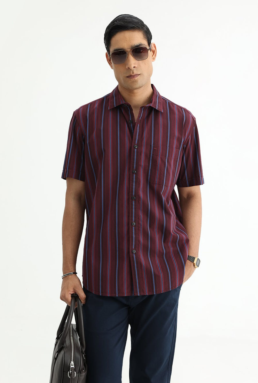 BASICS SLIM FIT NAVY COTTON PLAIN STRIPES HALFSLEEVES SHIRT