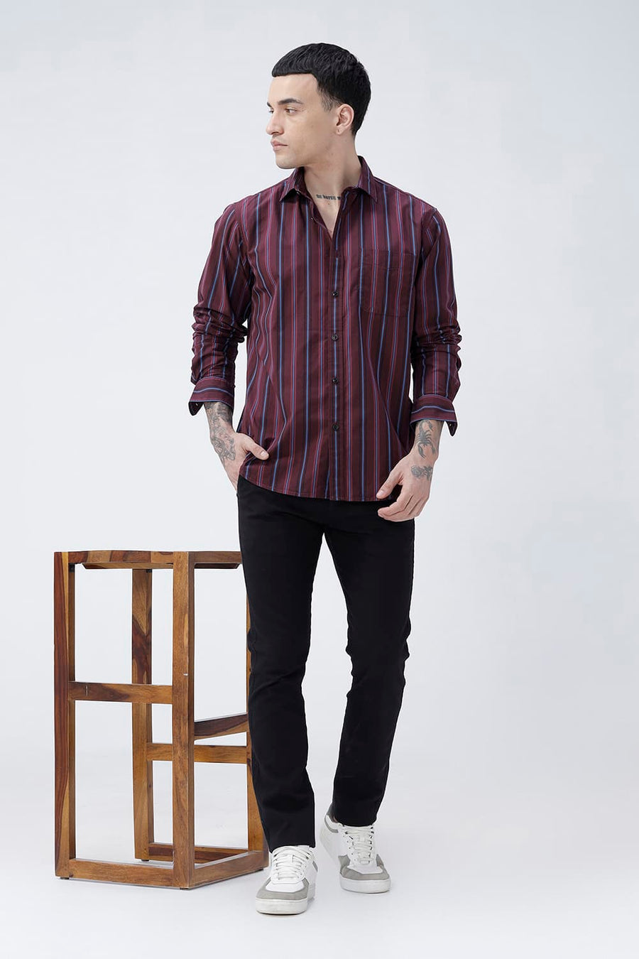 BASICS SLIM FIT NAVY COTTON PLAIN STRIPES SHIRT