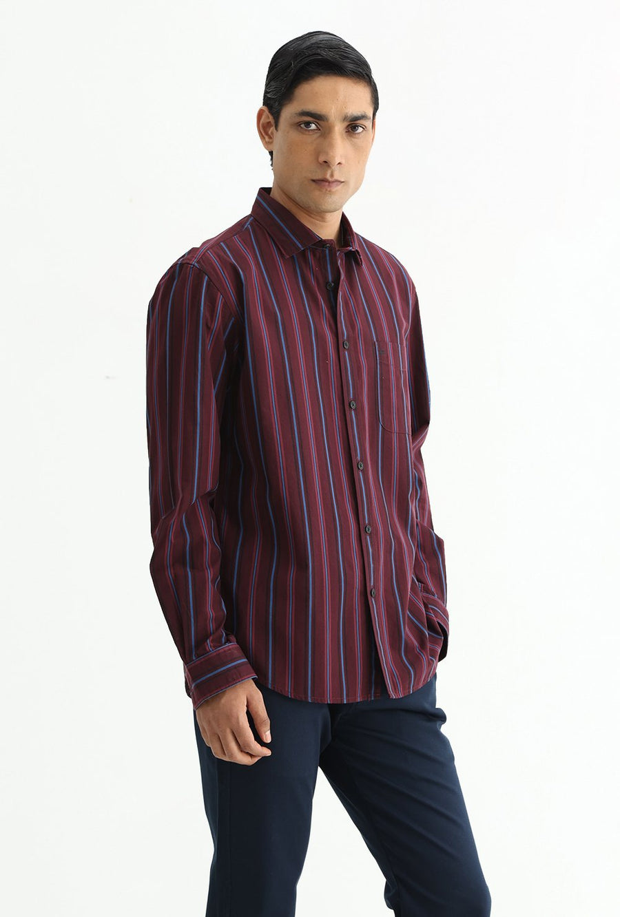 BASICS SLIM FIT NAVY COTTON PLAIN STRIPES SHIRT