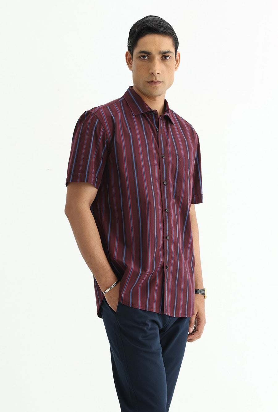 BASICS SLIM FIT NAVY COTTON PLAIN STRIPES HALFSLEEVES SHIRT