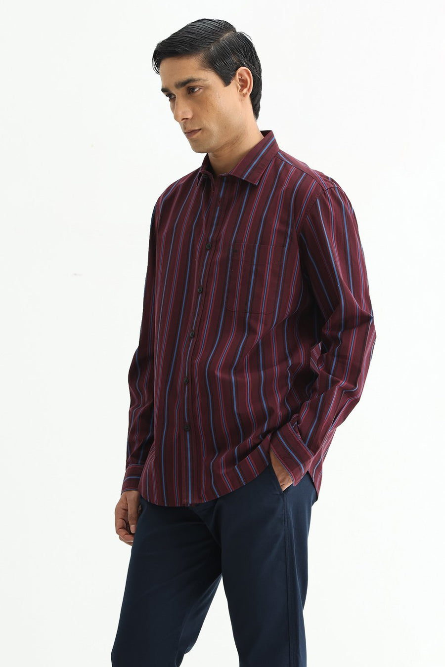 BASICS SLIM FIT NAVY COTTON PLAIN STRIPES SHIRT