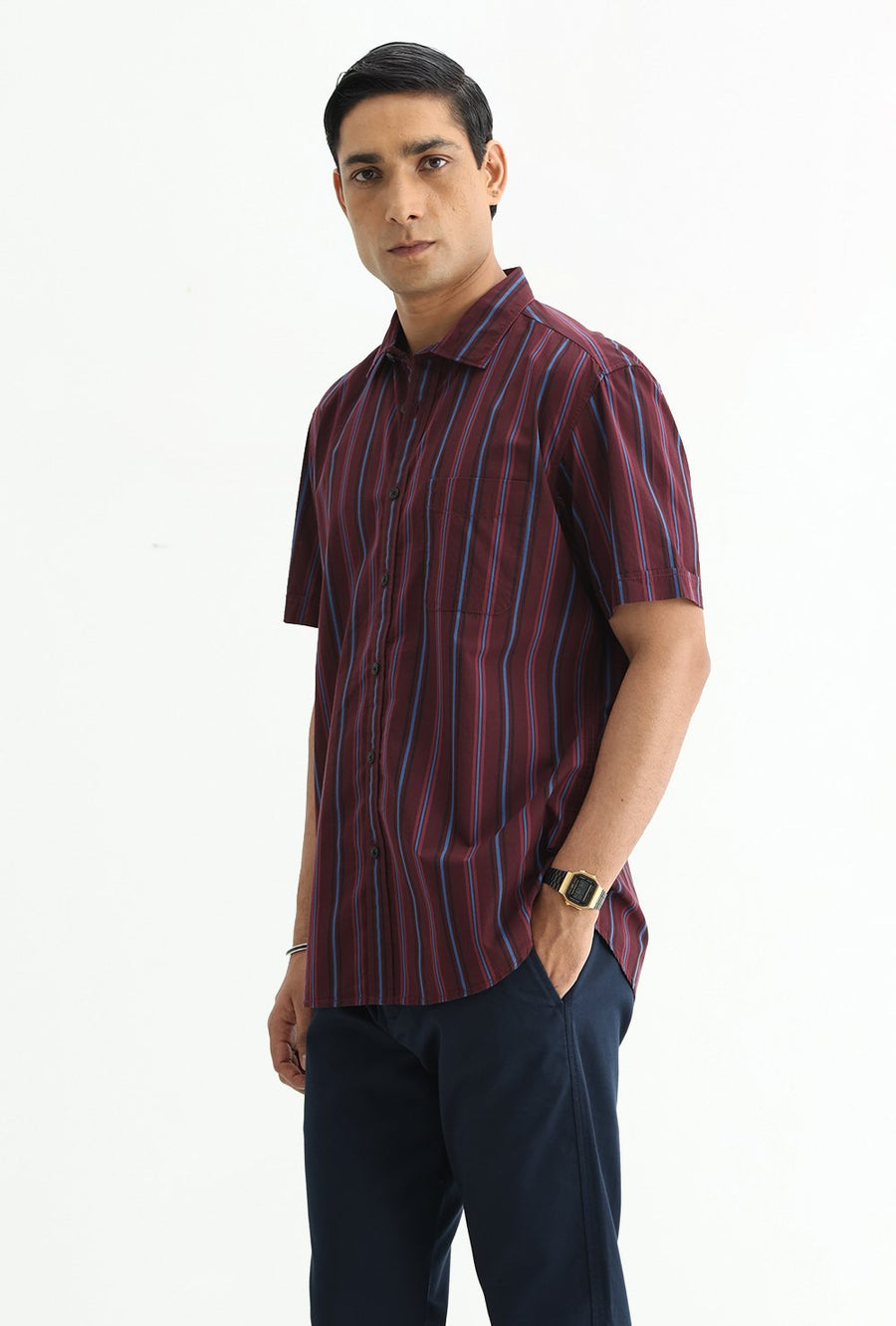BASICS SLIM FIT NAVY COTTON PLAIN STRIPES HALFSLEEVES SHIRT