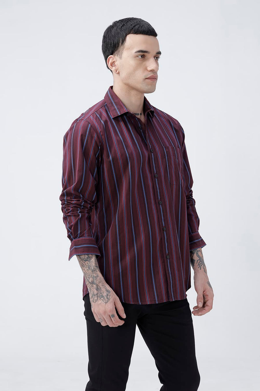 BASICS SLIM FIT NAVY COTTON PLAIN STRIPES SHIRT