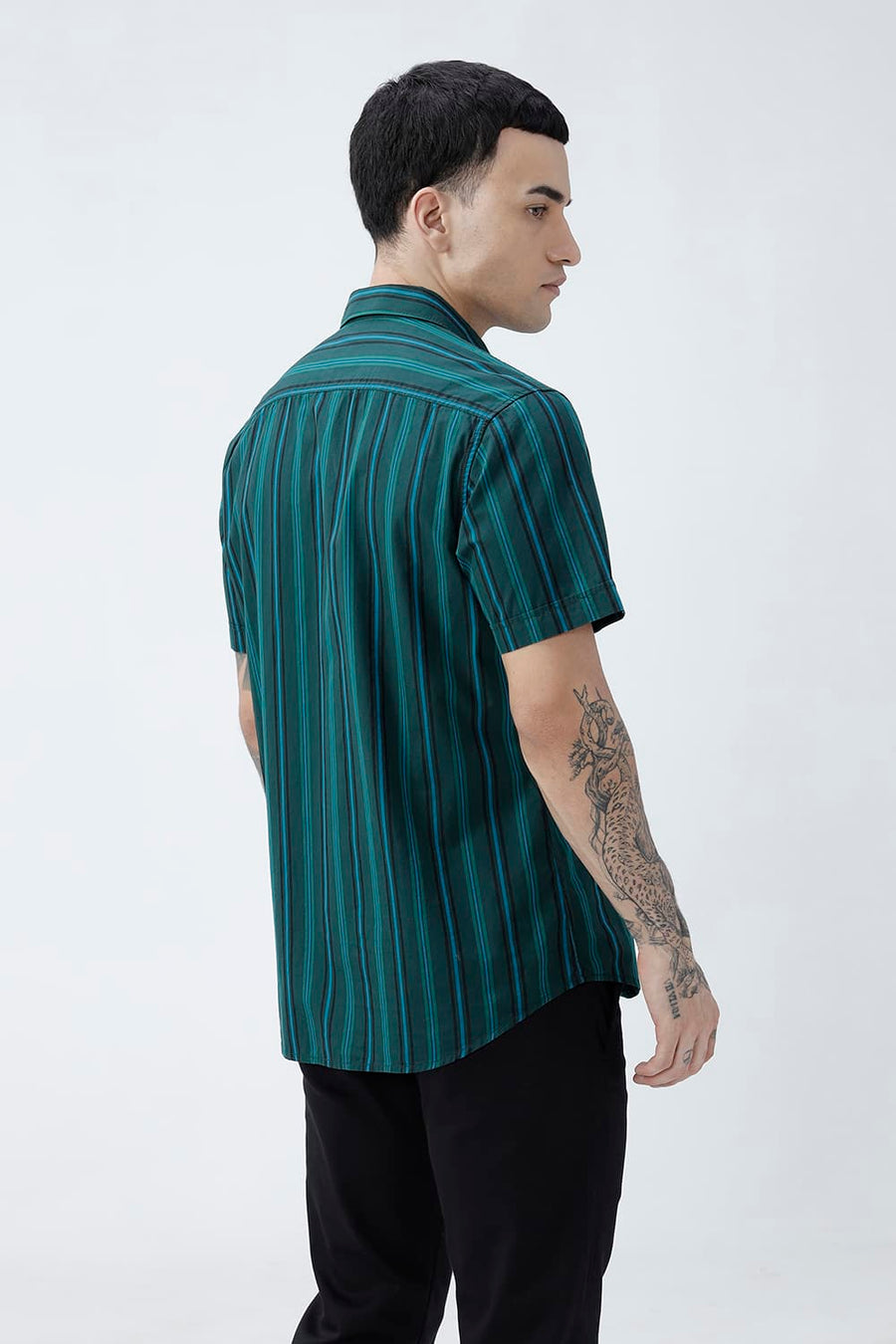 BASICS SLIM FIT LIGHT BROWN COTTON PLAIN STRIPES HALFSLEEVES SHIRT