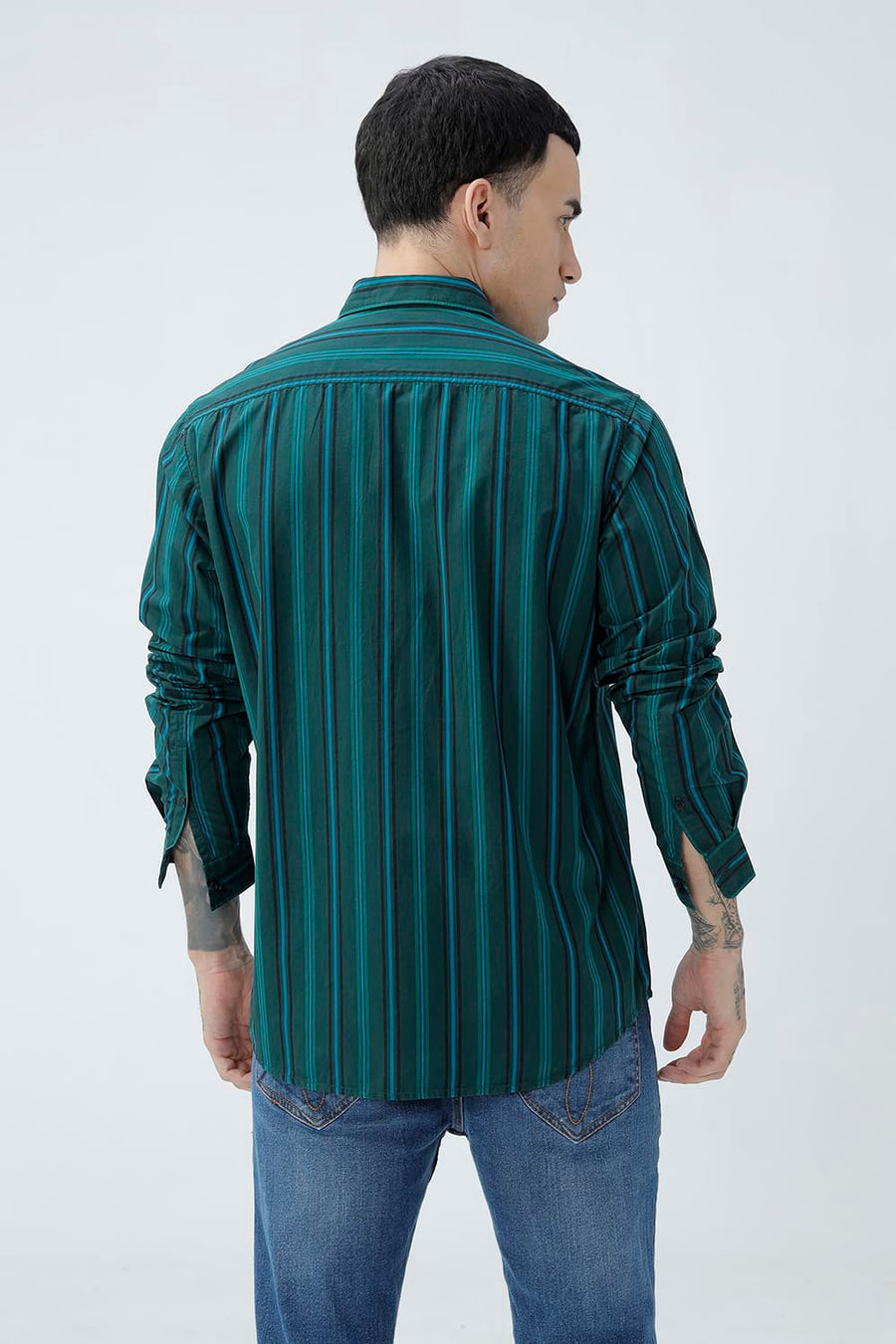 BASICS SLIM FIT LIGHT BROWN COTTON PLAIN STRIPES SHIRT