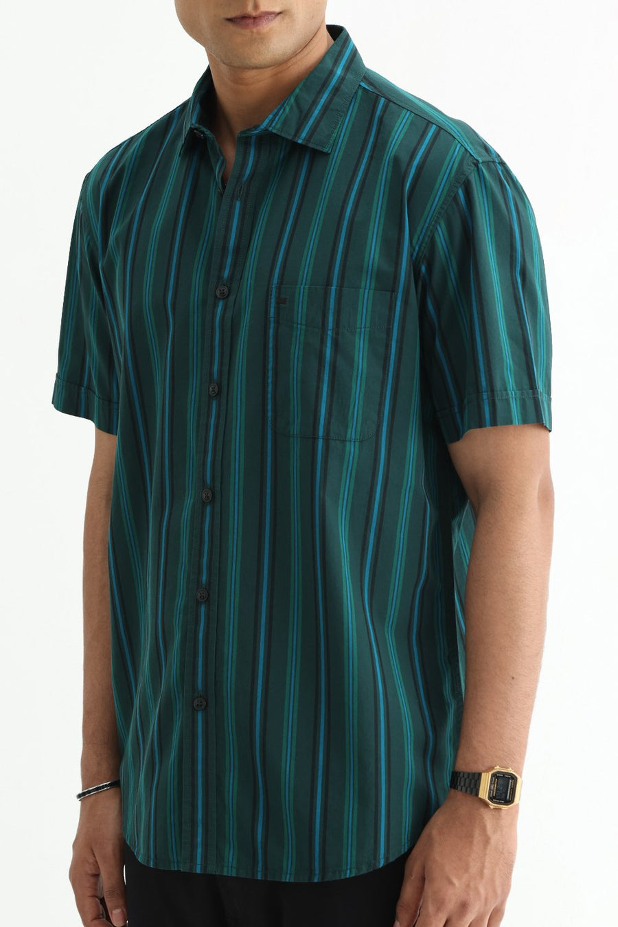 BASICS SLIM FIT LIGHT BROWN COTTON PLAIN STRIPES HALFSLEEVES SHIRT