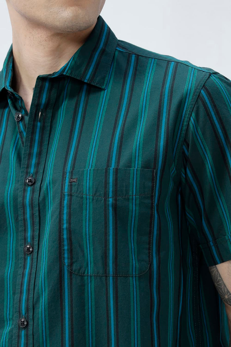 BASICS SLIM FIT LIGHT BROWN COTTON PLAIN STRIPES HALFSLEEVES SHIRT