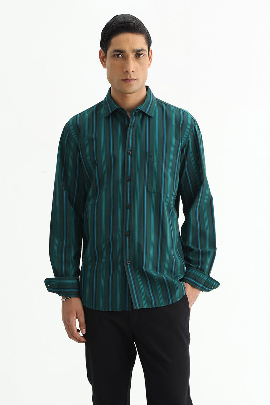 BASICS SLIM FIT LIGHT BROWN COTTON PLAIN STRIPES SHIRT