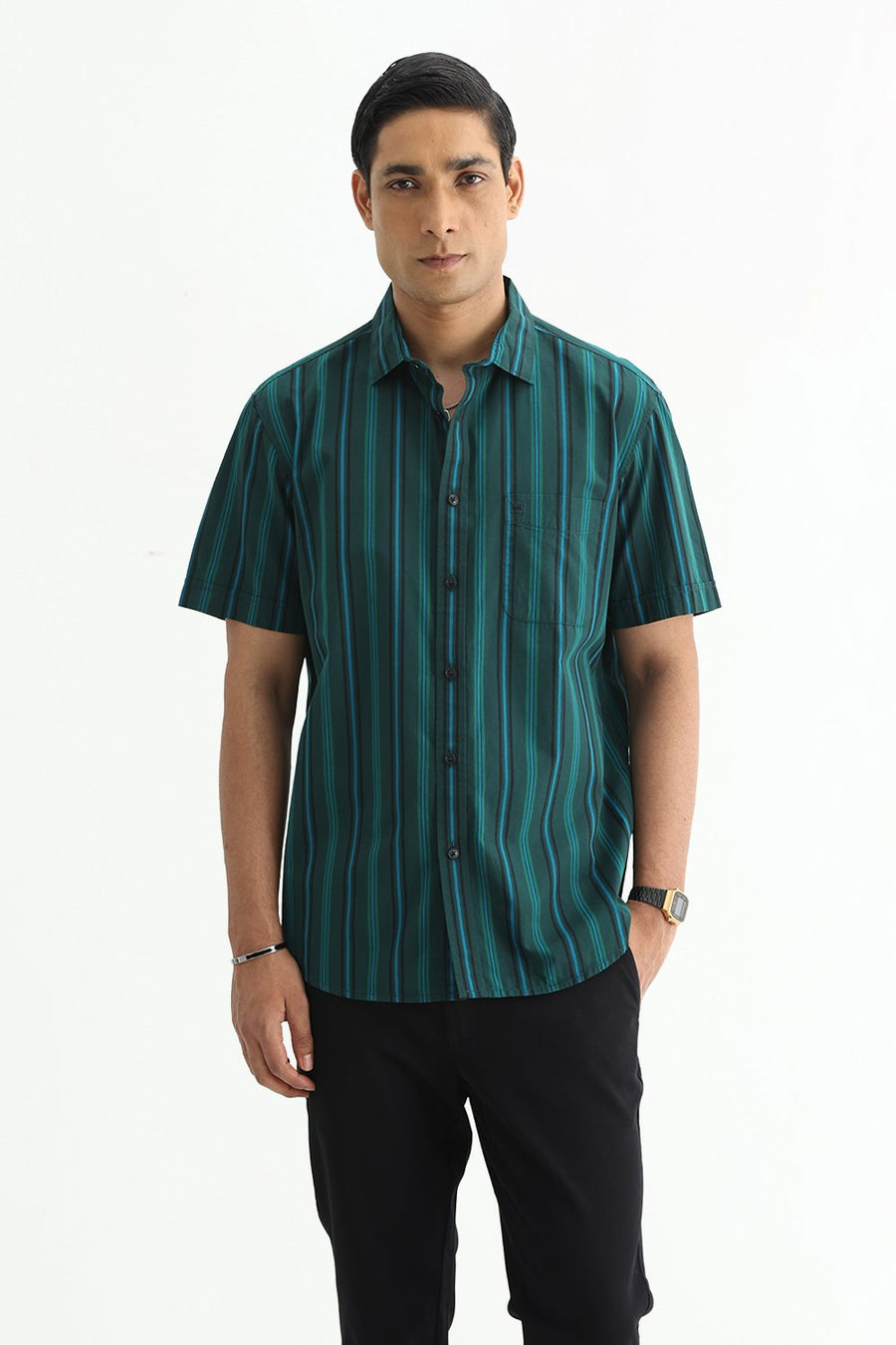 BASICS SLIM FIT LIGHT BROWN COTTON PLAIN STRIPES HALFSLEEVES SHIRT