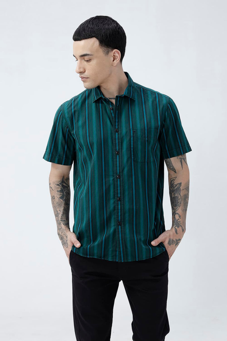 BASICS SLIM FIT LIGHT BROWN COTTON PLAIN STRIPES HALFSLEEVES SHIRT