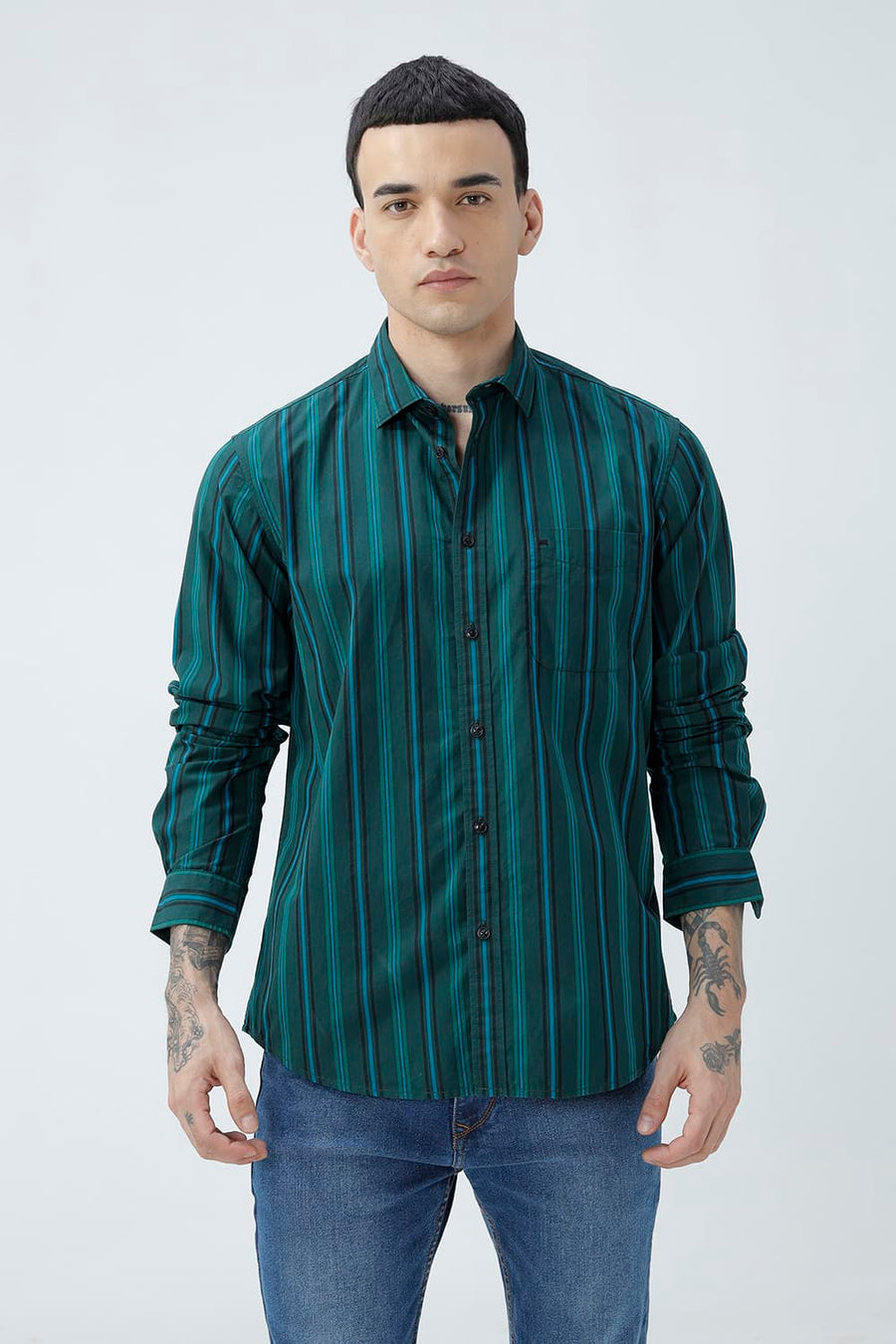 BASICS SLIM FIT LIGHT BROWN COTTON PLAIN STRIPES SHIRT