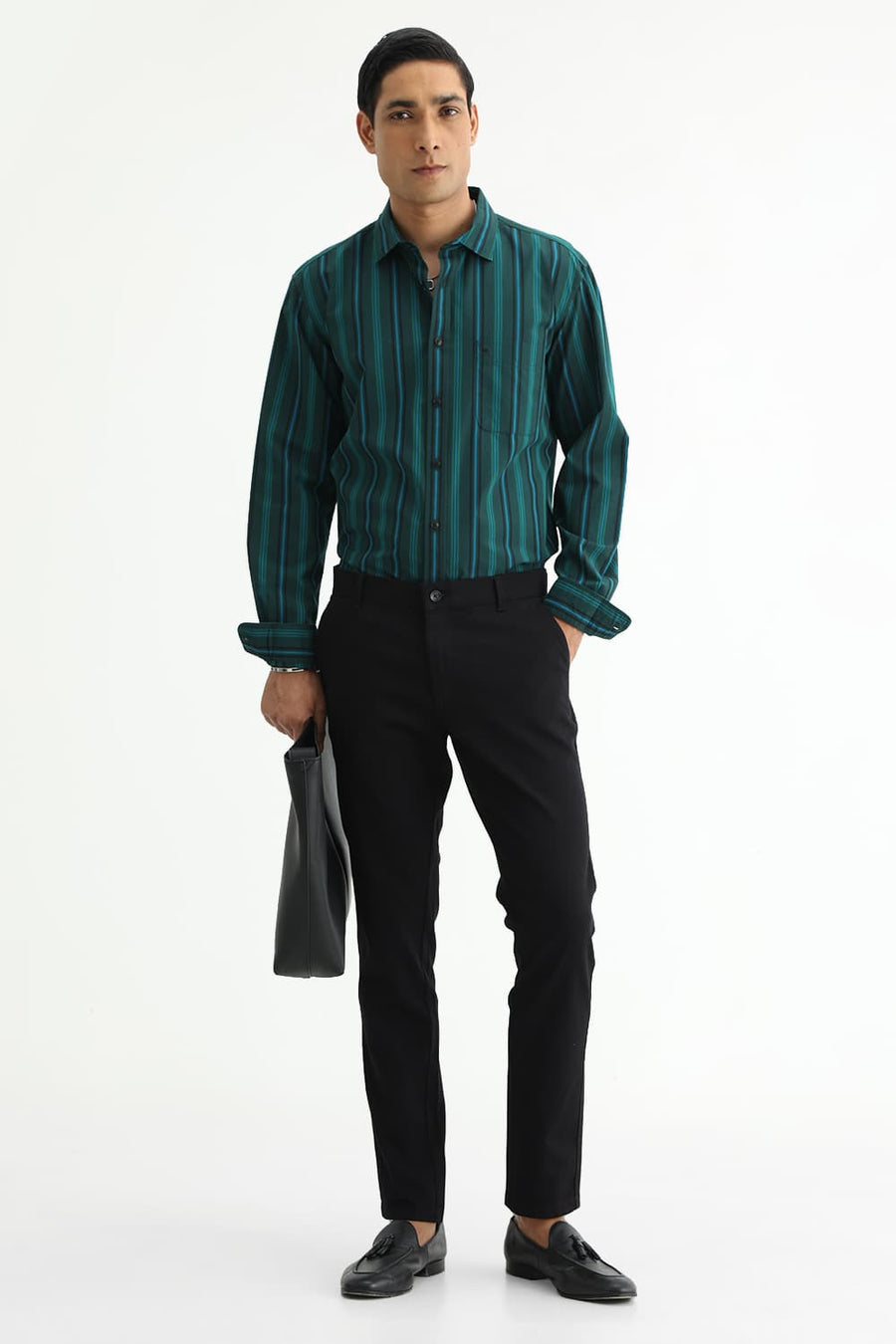 BASICS SLIM FIT LIGHT BROWN COTTON PLAIN STRIPES SHIRT