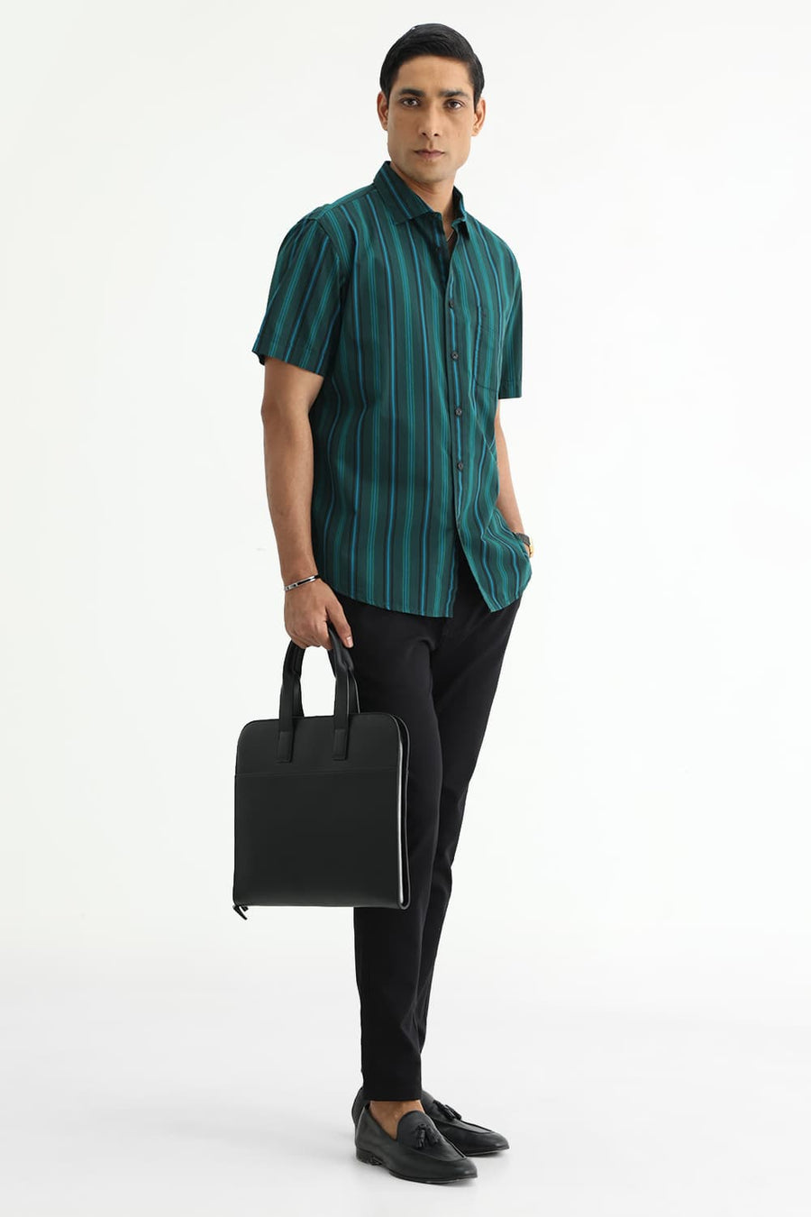 BASICS SLIM FIT LIGHT BROWN COTTON PLAIN STRIPES HALFSLEEVES SHIRT