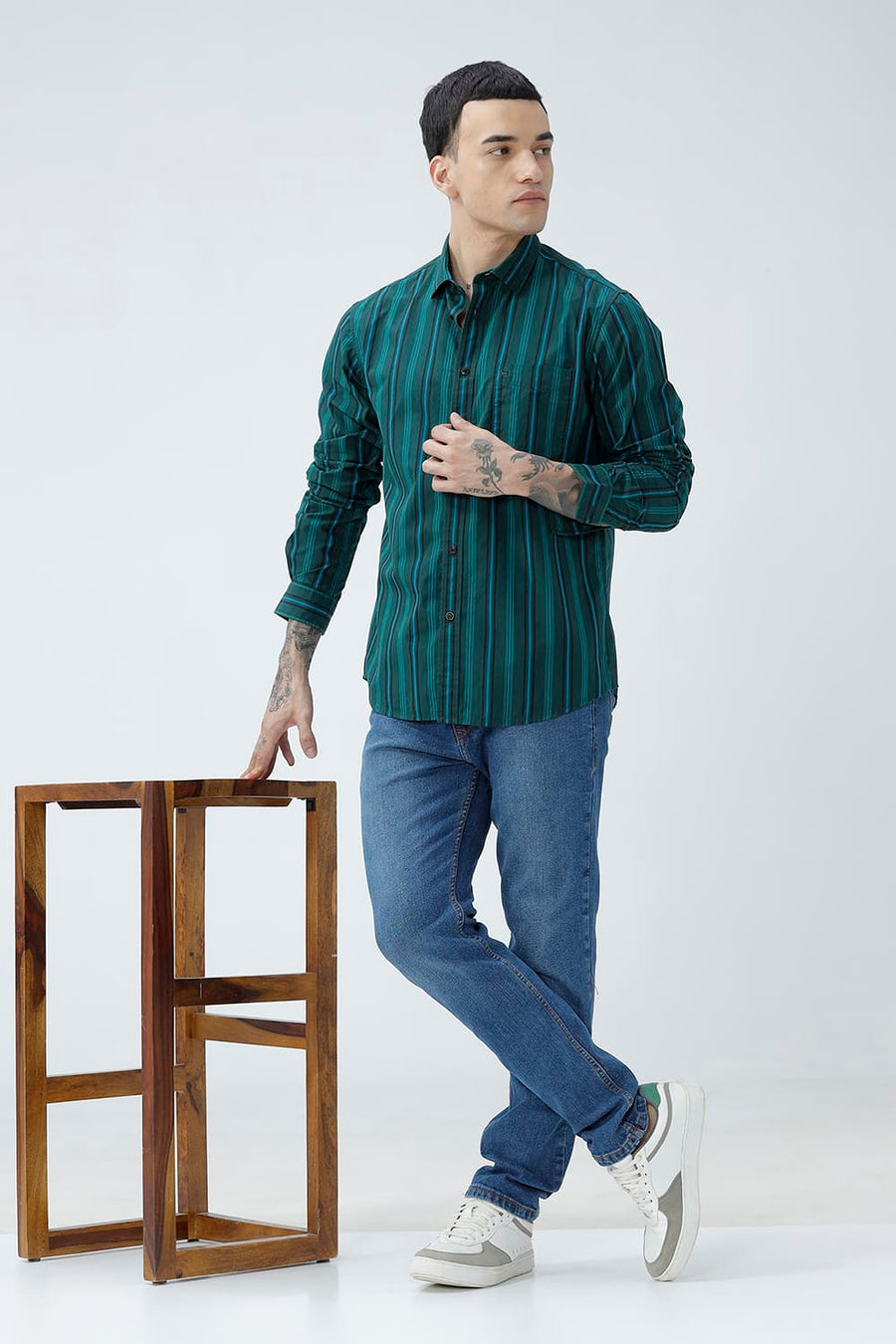 BASICS SLIM FIT LIGHT BROWN COTTON PLAIN STRIPES SHIRT