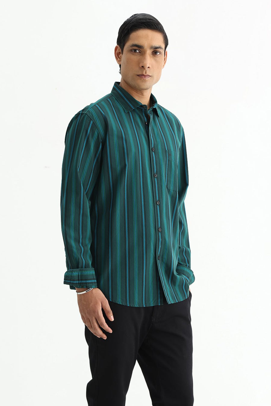 BASICS SLIM FIT LIGHT BROWN COTTON PLAIN STRIPES SHIRT