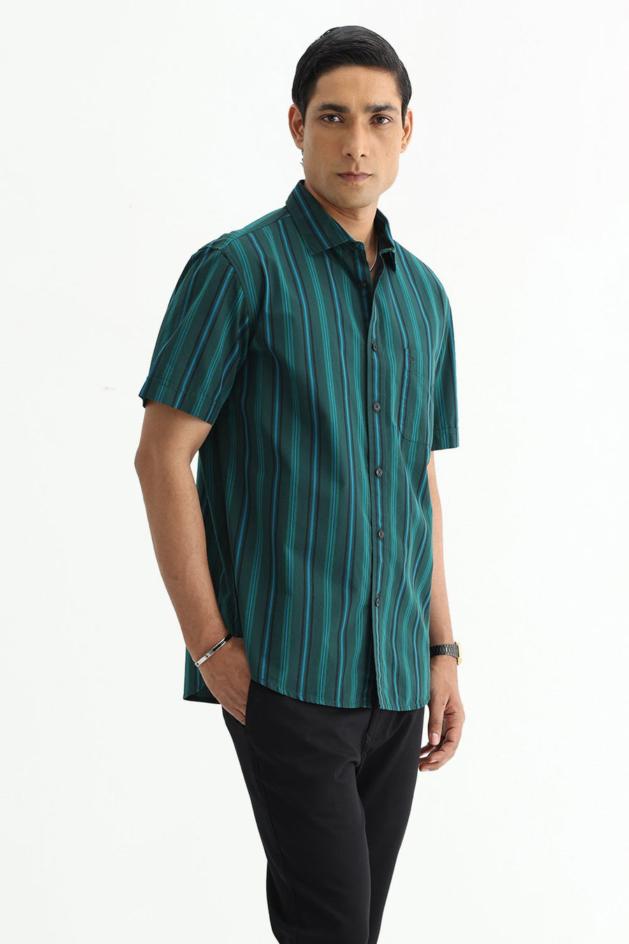BASICS SLIM FIT LIGHT BROWN COTTON PLAIN STRIPES HALFSLEEVES SHIRT
