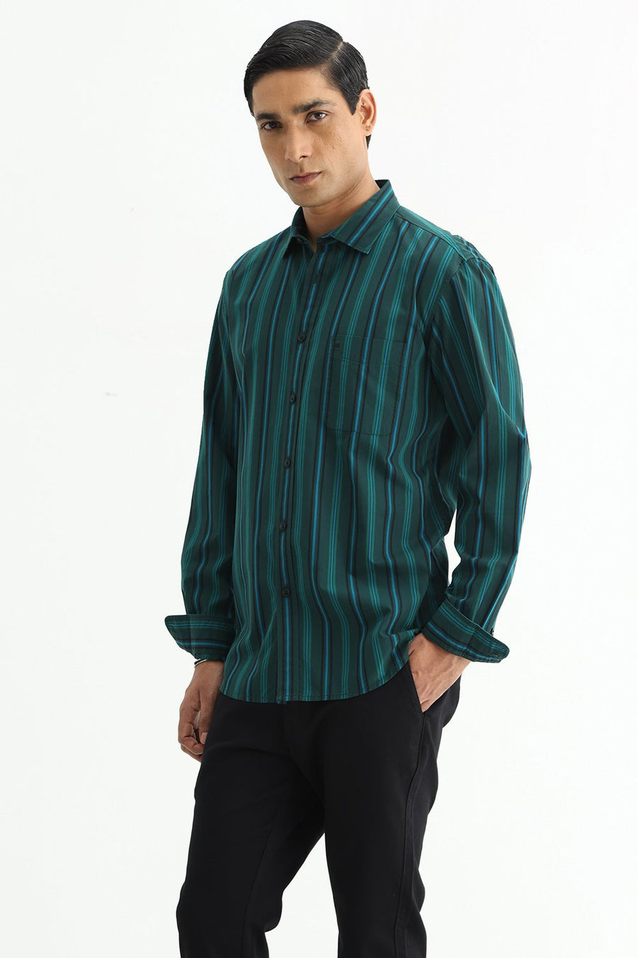 BASICS SLIM FIT LIGHT BROWN COTTON PLAIN STRIPES SHIRT