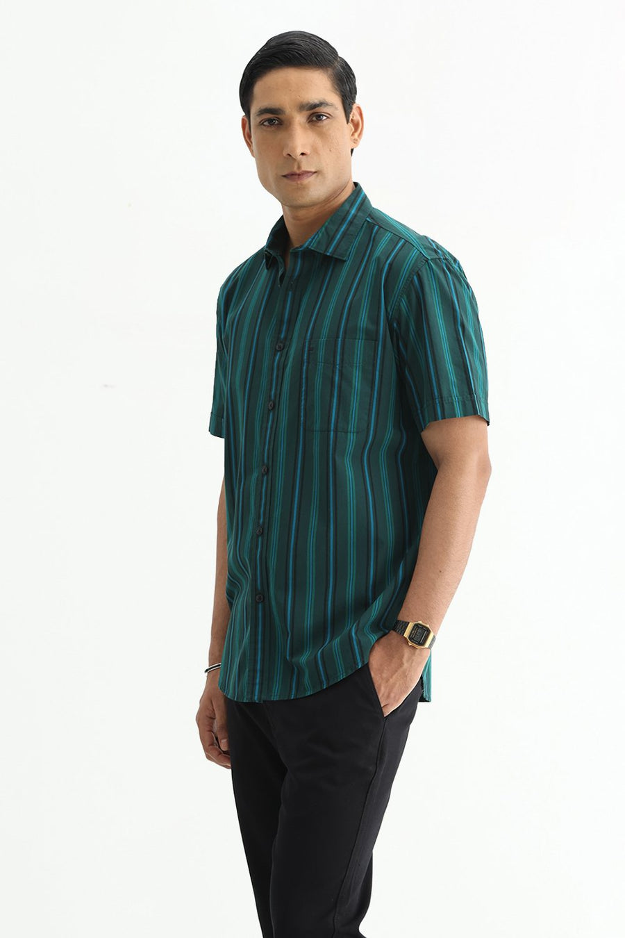 BASICS SLIM FIT LIGHT BROWN COTTON PLAIN STRIPES HALFSLEEVES SHIRT