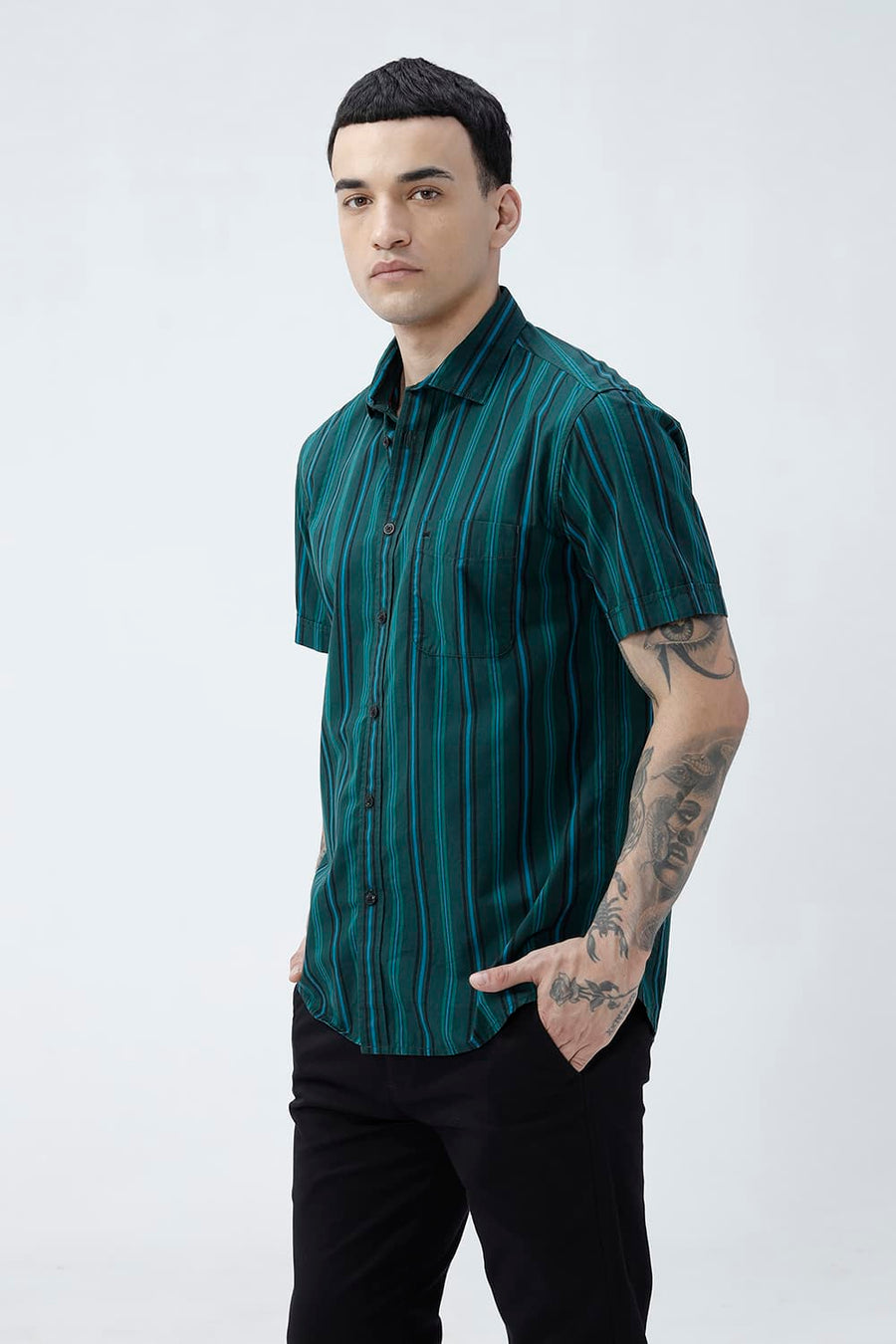 BASICS SLIM FIT LIGHT BROWN COTTON PLAIN STRIPES HALFSLEEVES SHIRT