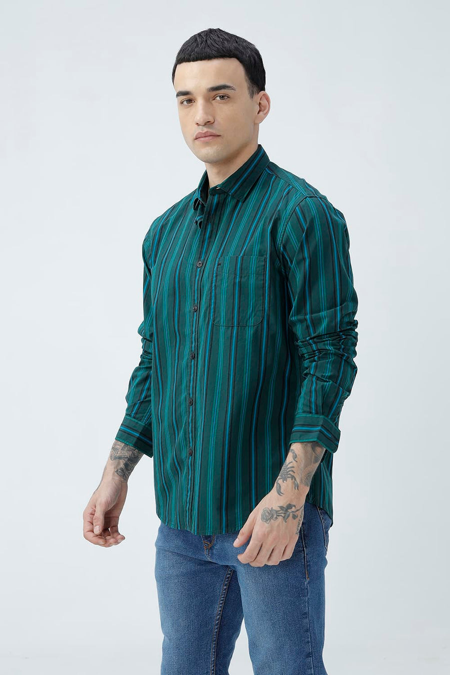 BASICS SLIM FIT LIGHT BROWN COTTON PLAIN STRIPES SHIRT