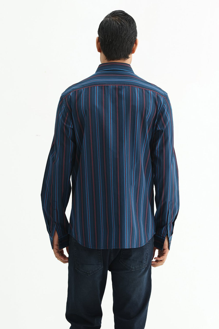 BASICS SLIM FIT BLACK COTTON PLAIN STRIPES SHIRT