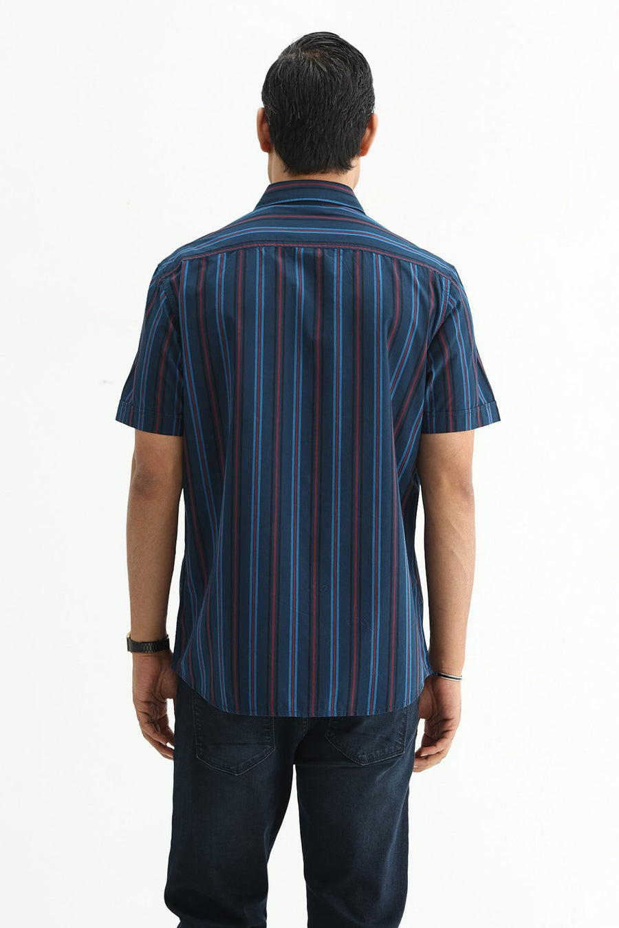 BASICS SLIM FIT BLACK COTTON PLAIN STRIPES HALFSLEEVES SHIRT