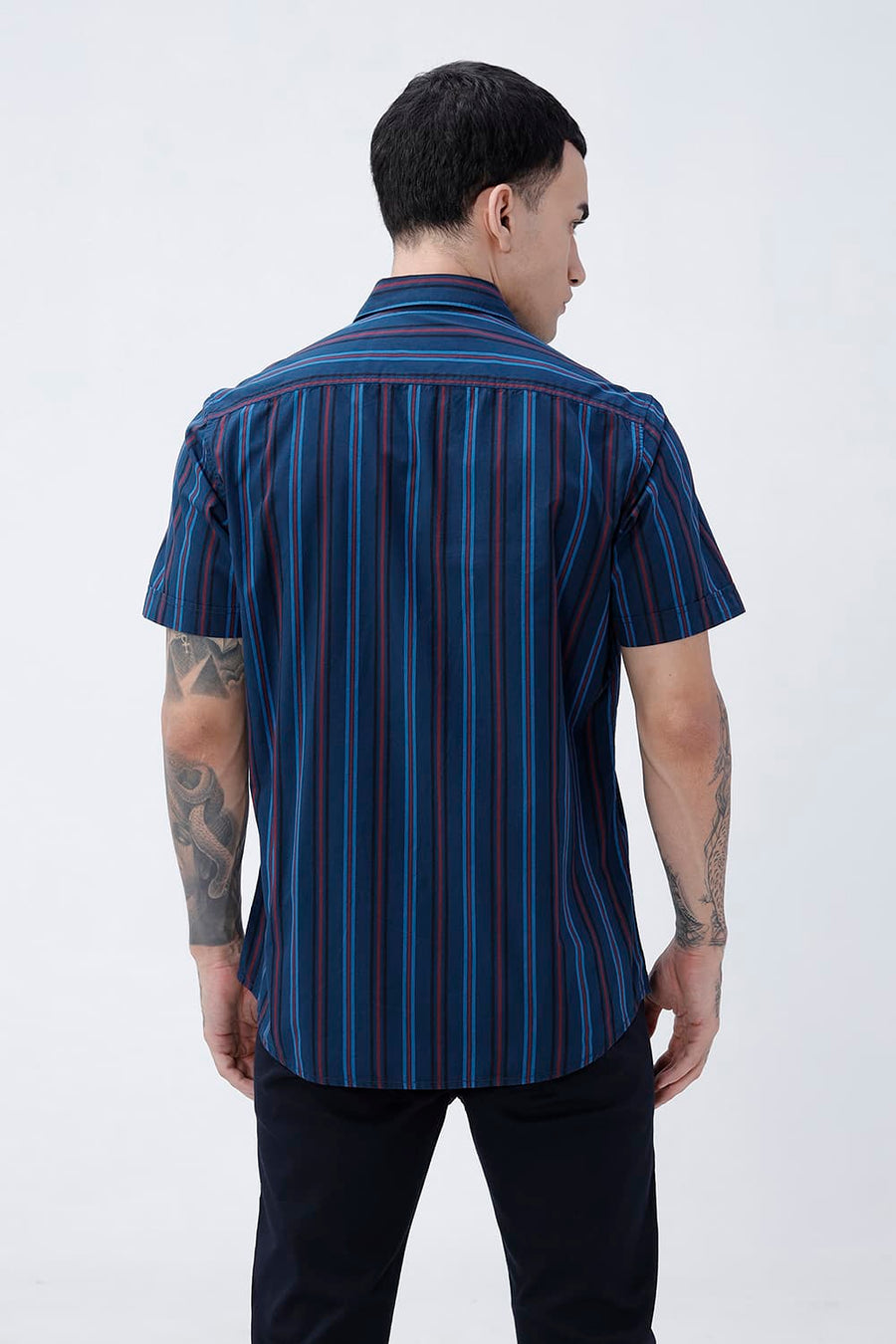 BASICS SLIM FIT BLACK COTTON PLAIN STRIPES HALFSLEEVES SHIRT