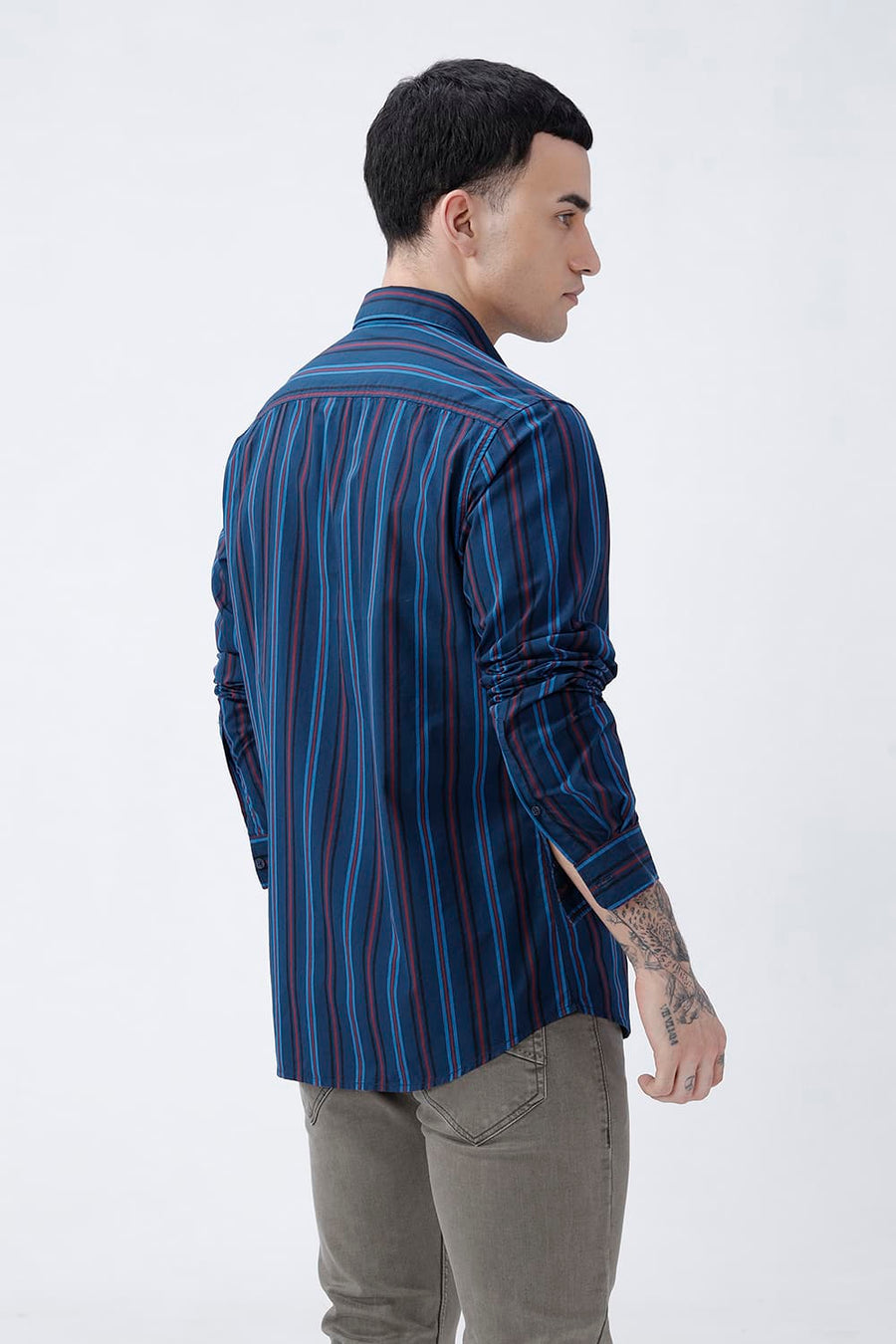 BASICS SLIM FIT BLACK COTTON PLAIN STRIPES SHIRT