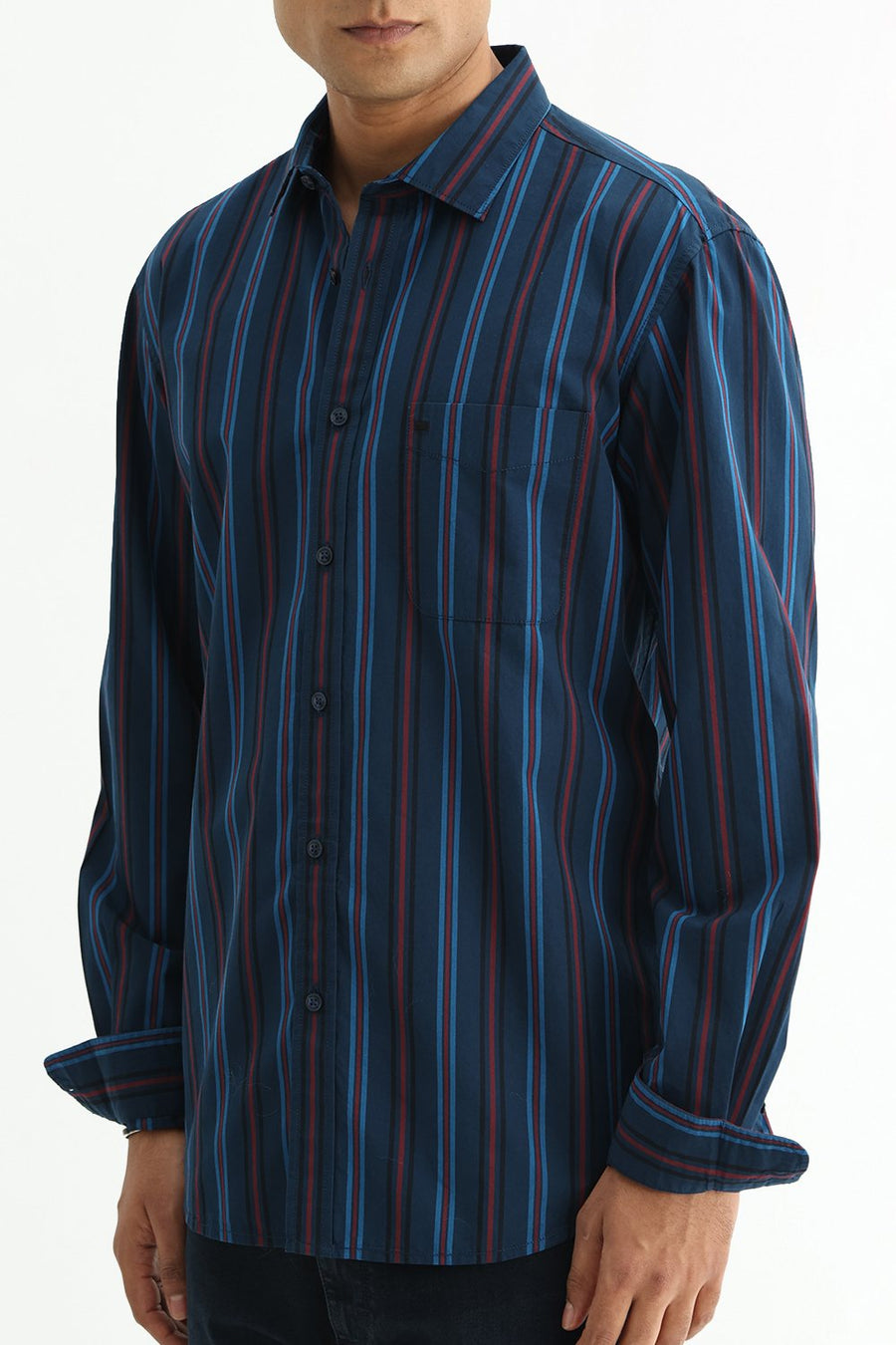 BASICS SLIM FIT BLACK COTTON PLAIN STRIPES SHIRT