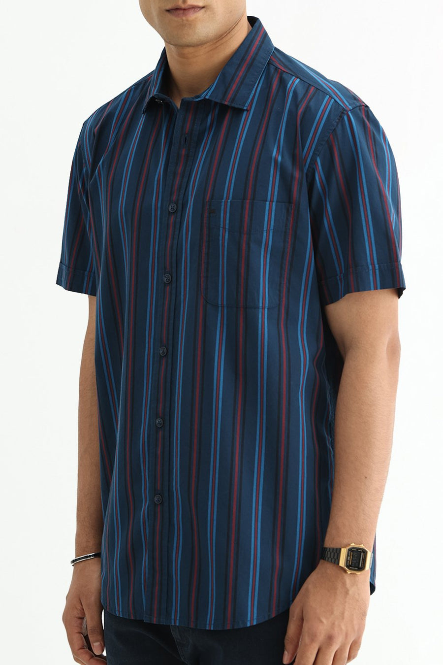 BASICS SLIM FIT BLACK COTTON PLAIN STRIPES HALFSLEEVES SHIRT