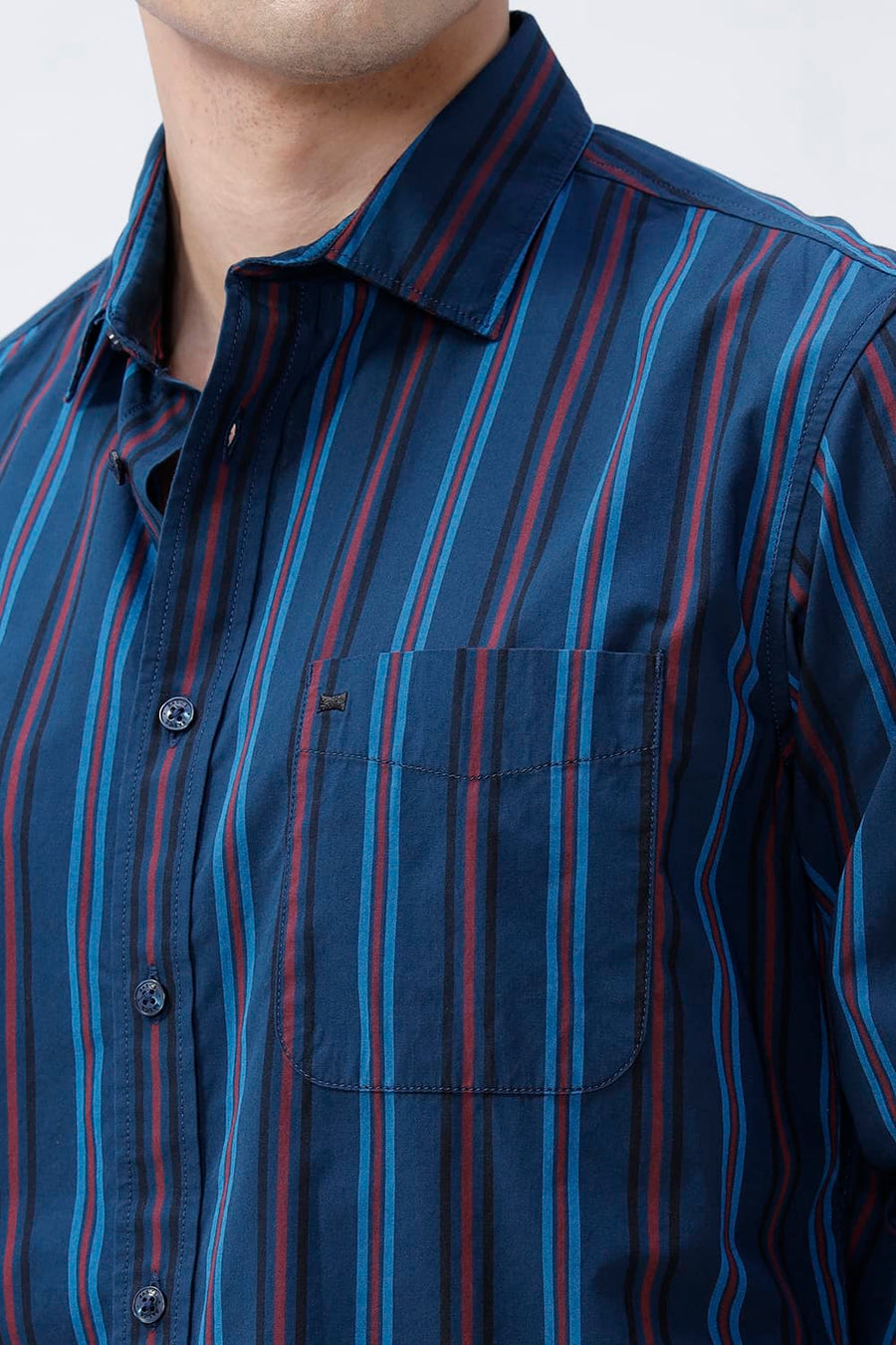 BASICS SLIM FIT BLACK COTTON PLAIN STRIPES SHIRT